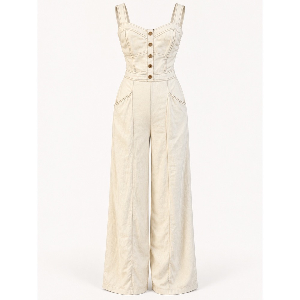 Japna Linen Blend Button Front Wide Leg Jumpsuit Womens Size M Cream